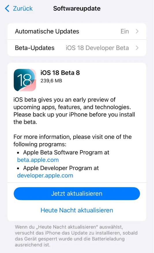 彭州苹果手机维修分享苹果 iOS / iPadOS 18 开发者预览版 Beta 8 发布 